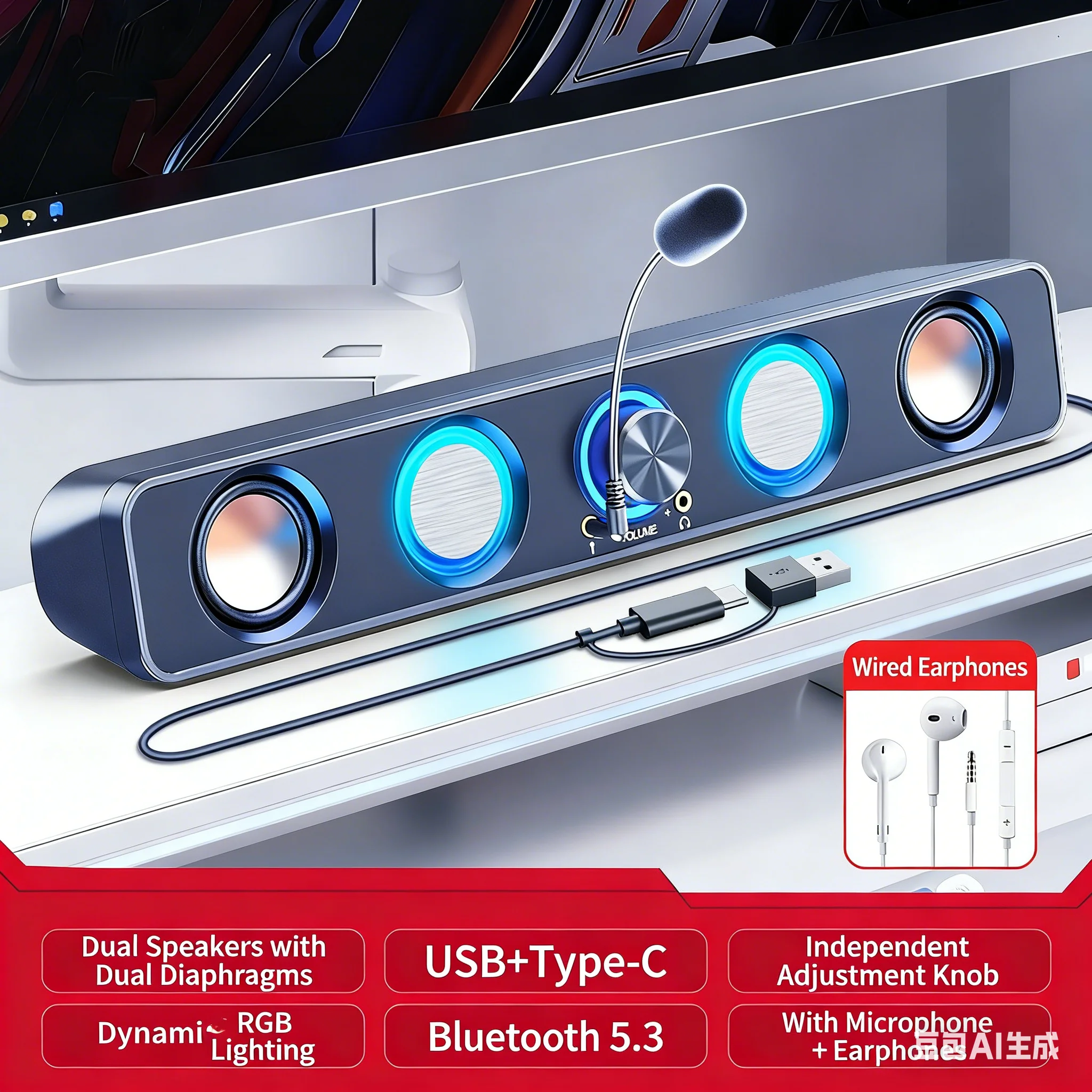 Soundbar RGB da gioco 2.0 con  - Rgb Computer Soundbar For Pc recensione e prezzo